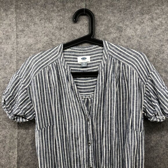 Old Navy Linen Blend Romper Womens XS Short Sleeve Blue White Striped Drawstring - Picture 3 of 9